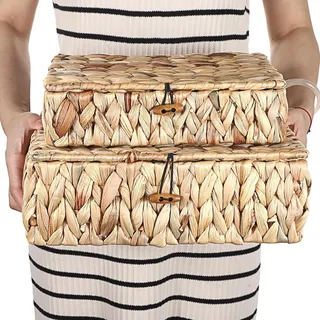 Rieten Mand mit Deckel Sweet Living natürliche Aufbewahrungsbox Wasserhyazinthe gewebt wasserdichte Aufbewahrungskiste Wohnzimmer Küche Kleiderschrank Handtuch Bücher Kosmetik Rieten Mand mit Deckel Sweet Living