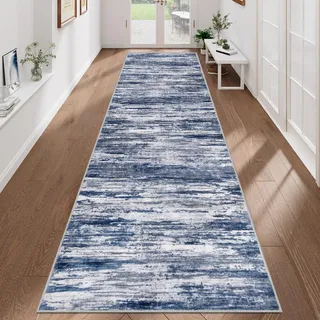 VSIWB Blau Teppich Läufer Flur 80x300 cm, rutschfest, weich, waschbar, Kunstwolle Kurzflor Küchenläufer, modern abstrakt für Wohnzimmer, Schlafzimmer, Diele, Eingang und Waschküche