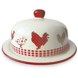 Kuchenträger aus Keramik im Country Stil mit Hühner Motiv Rot Weiß Home