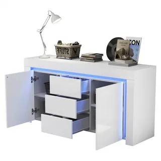 Stilvora Sideboard in Weiß Wohnzimmerschrank mit 3 Schubladen und LED-Lichtleiste für Flure und Wohnzimmer, B140/T40/H65cm , Holzwerkstoff , 2 Fächer , Rechteckig,Rechteckig , 140x65x40 cm , Kleinmöbel, Kommoden, Sideboards
