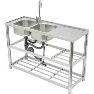 Edelstahl Spültisch 120 cm Breit mit 2 Becken und 3 Ebenen, Küche Spüle mit Unterschrank,Freistehendes Spülbecken mit Warm und Kalt-Wasserhahn, Ablauf-Schlauch, Küchenspüle - Silber