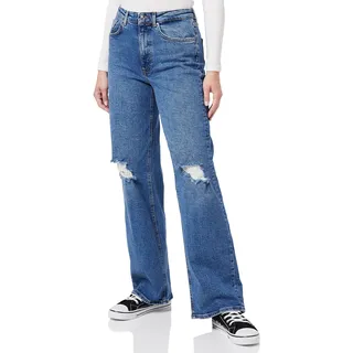 ONLY Damen Straight Leg Denim Jeans | High Waist Gerade Weite Schlag Hose | Wide Destroyed Pants ONLJUICY, Farben:Blau, Größe:31W / 32L, Z-Länge:L32