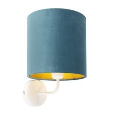 Vintage Wandlampe weiß mit blauem Samtschirm - Matt