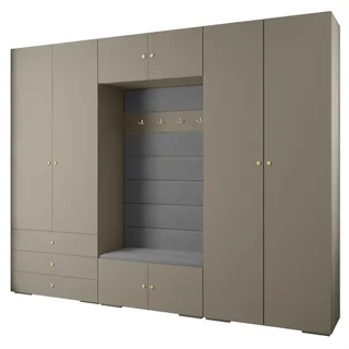 Abiks Möbel Garderoben-Set 236,7/300/47 , Kaschmir, Grau, Goldfarben , Holz , Nachbildung , 14 Fächer , 300x236.7x47 cm , Garderobe, Garderoben-Sets & Garderoben-Serien, Garderoben-Sets
