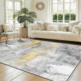 WQMMD Waschbarer Teppich Wohnzimmer 300x400cm Kurzflor rutschfest Teppich Weiß-Hellgrau mit Gold Abstrakt Modern Waschbar in Waschmaschine für Esszimmer, Schlafzimmer,Küche,Büro Dekor,Apartment
