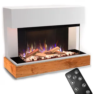 GLOW FIRE Kaminofen Curie mit realistischem 3D E-Motion LED-Feuer - Stand-Elektrokamin mit Heizung, Kaminfeuer & Timer, max. 1500 W, 114x89x41,5, Weiß