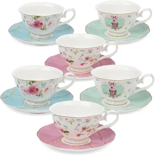 fanquare 6er Set Rose Teetasse und Untertasse, Britische Teetassen Set für Geschenk, Bunte Blumen Porzellan Teeservice