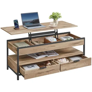 VASAGLE Couchtisch, höhenverstellbarer Wohnzimmertisch, Kaffeetisch, mit Schubladen, offenes Fach, 50 x 120 cm, Kamelbraun-tintenschwarz LCT252K02