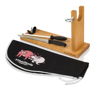 Steelblade Schinkenabdeckung Kukuxumusu + Schinkenmesser und Chaira-Schinkenhalter ideal für Schinken und Paletten, Holz, Banqueta Pata Negra