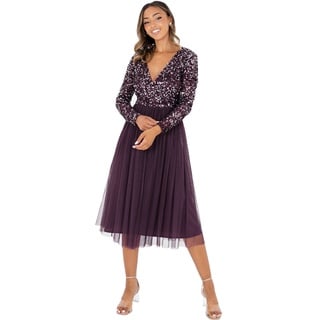 Maya Deluxe Damen Maya Faux Warp Front Versierd Midi Jurk Brautjungfernkleid, Berry, 54 EU