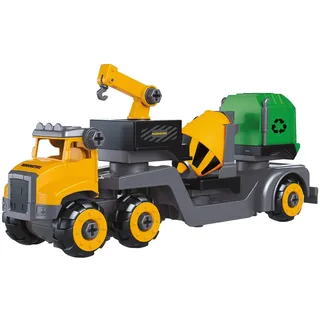 Mondo Construction Truck Trailer Assemble-Playset 30 Teile zerlegbar - Spielzeug LKW BAU Set 4 in 1, Farbe Gelb/Grün, 51178