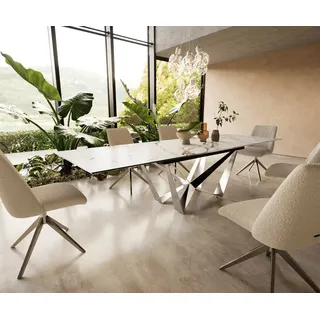 DELIFE Esstisch Edge 200-300x100 Keramik Calacatta Luxe Weiß-Gold-Grau Spider Flachstahl Edelstahl ausziehbar - Weiß