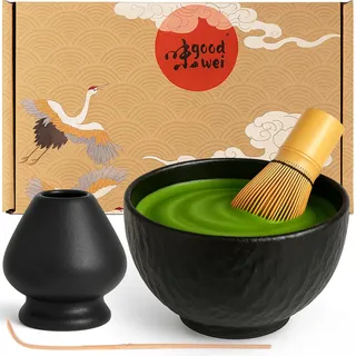 Goodwei Matcha Set mit Matcha Besen, Matchalöffel und Matcha Schale mit Besenhalter aus Keramik im passenden Design | Kunstvoll gefertigte Schale mit Steinstruktur | Geschenkset (Rokku Kuro, 80)