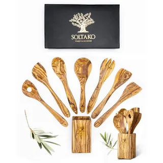 SOLTAKO Olivenholz Küchenutensilien 7er Set "The Ramsay Set", Kochlöffel, Pfannenwender, Salatbesteck aus Oliven Holz