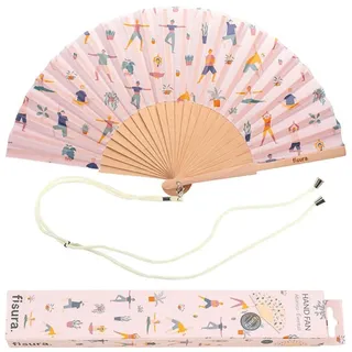 FISURA - Origineller Handfächer mit Yoga-Zeichnung. Moderner und lustiger Fächer. Cremefarbener und mehrfarbiger Faltfächer Maße: 42,5 X 23. Material: Holz und Textil.