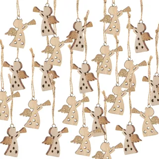 Holzanhänger Engel mit Trompete 5 cm – 24 Stück Weihnachtsdeko Natur Braun mit Glitzerflügeln, Weihnachtsanhänger Christbaum, Geschenkanhänger