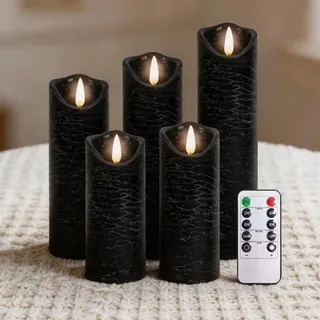 PinnWaa LED Kerzen [5 Stück] Flammenlose Kerzenhalter, 10-Tasten Fernbedienung Timer, Flammenlose Kerzen, Realistisch Flackernde Batteriebetriebene Dekorations LED Stabkerzen - Schwarz