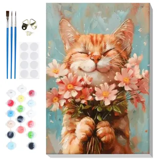 Lxmsja Katze mit Blumen Malen Nach Zahlen Erwachsene mit Rahmen, Malen Nach Zahlen Tier, Diy Set Erwachsene mit Pinseln und Acrylfarben Handgemalt Ölgemälde Leinwand für Home Décor, 20x30cm