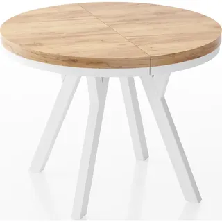 WFL Group Esstisch Lume Weiß runder ausziehbarer, Wotan Eiche 90-170/90/76 cm , Eiche Wotan , Holzwerkstoff , Rund,Rund , 90x76x90 cm , Esszimmer, Esstische