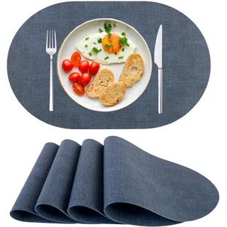 Platzsets Abwaschbar Tischsets 4er Set PU-Leder, Hitzebeständig, rutschfest, Platzset für Esstisch, Küche Oval Dunkel Blau