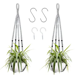 Augshy 2 Packungen Makramee-Hänge-Pflanzgefäß, Indoor-Hänge-Pflanzkorb mit Holzperlen, dekorativer Makramee-Topfhänger für Heimdekoration (grau)