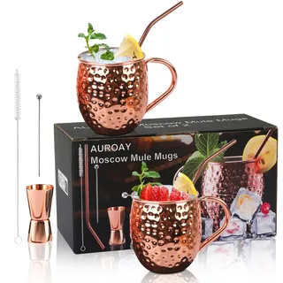 AUROAY Moscow Mule Kupferbecher Set mit 2 Stück, 18.6 Unzen Kupferbecher mit 2 Strohhalmen, Shotglas & Strohbürste, Sein & Ihr Geschenk für Zuhause, Bar, Party