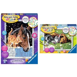 Ravensburger Malen nach Zahlen 28556 - Fohlen mit Kätzchen & 28015 - Tiefer Schlaf - Malen nach Zahlen für Kinder ab 7 Jahren