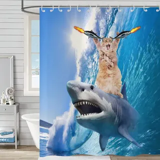 Hnmdmyi Duschvorhang Lustig 120x180, Coole Katze Reitet Hai Duschvorhänge Ozean Meer Wellen Fisch Blau Niedliche Kinder Jungen Badewanne Vorhang Wasserdicht Polyester Stoff Waschbar Badevorhang