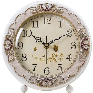 Justup Vintage-Tischuhr, Retro, Nicht tickend, europäischer Stil, Schreibtischuhr, batteriebetrieben, geräuscharmes Quarz-Uhrwerk für Schlafzimmer, Wohnzimmer, Innendekoration (weiß)