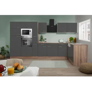 Respekta Winkelküche Oliver L-Form E-Geräte 370 x 172 cm grau seidenglänzend/eiche york nachbildung