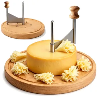 Käsehobel Rund aus Holz für Tête de Moine Käse, Ø 22cm x 14.3cm Rotierender Käseschaber mit Edelstahlklinge, Cheese Slicer für Käseblumen und Schokolade, Käse Lockenwickler für Gourmet, Desserts