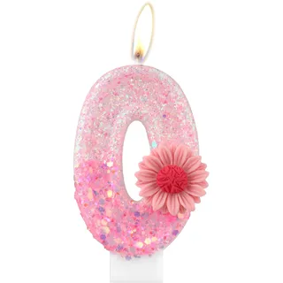 Gänseblümchen Zahl Geburtstagskerzen, Rosa Geburtstag Zahl 0 Kerzen für Geburtstagskuchen, Gänseblümchen Blume Geburtstagskerze, Glitzer Blume Kerze für Mädchen Geburtstag Party Dekorationen