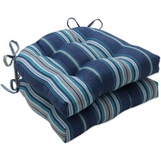 Pillow Perfect Stripe Indoor/Outdoor Stuhlauflage mit Bändern, wendbar, getuftet, Wetter- und lichtbeständig, 39,4 x 40,6 cm, Blau/Grau, Terrasse, 2 Stück