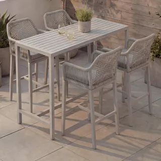 Set Bartisch + 4x Barhocker HWC-P91, Barstuhl Stehtisch, Outdoor Sitzpolster Seilgeflecht Metall hellgrau - Grau