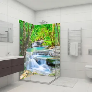 dedeco 2tlg. Eck-Duschrückwand Wasserfall V8 90x200cm Alu 3mm classic | Wasserfeste Duschrückwand, Alu-Verbundplatte classic – fugenlos, pflegeleicht, Fliesenersatz, Made in Germany