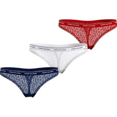 Tommy Hilfiger Damen 3 Pack Thong Lace (EXT Sizes) UW0UW04896 Stringtangas, Mehrfarbig (Desert Sky/White/Primary Red), S