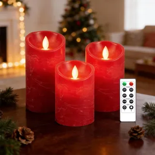 AnnSpa 3 Set Rot LED Kerzen Batteriebetriebene mit Fernbedienung,Flammenlose Echtes Wachs Flackern Moving Wick Flackern Amber Yellow Light Pillar Candles ,Unscented Wachs für Geschenk und Dekoration
