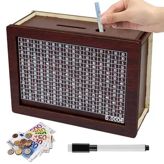 Spardose aus Holz, Sparbox mit Ziel, Sparschwein, Sparbox, Retro Sparbüchse Aufbewahrungsbox, Spardose mit Sparziel und Zahlen zum Ankreuzen, für Erwachsene mit Sparziel(5000€)