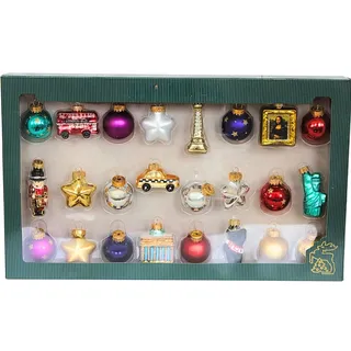 Dekohelden24 Lauschaer Christbaumschmuck - 24er Set Christbaumkugeln Lauscha, Glaskugeln, Glasornamente Weltreise - Baumschmuck zum Adventskalender befüllen, aus Lauscha, Größe: 3 cm je Ornament.