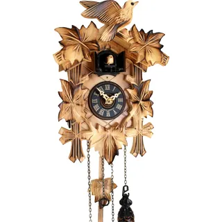 Kuckucksuhr geschnitzt geflammt Quarz Uhr 5 Laub Vogel aus dem Schwarzwald - Braun