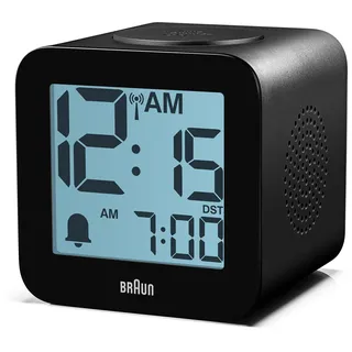 Braun digitaler funkgesteuerter Wecker für mitteleuropäische Zeitzone (DCF) mit Sprachausgabe, Schlummerfunktion, positiver LCD-Anzeige, ansteigendem Signalton in schwarz, Modell BC25BP-DCF