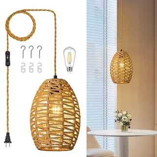 ZPBSJ Rattan Plug in Pendelleuchte Boho Hängeleuchten Brown Hängeleuchten Höhenverstellbar Korb Lamp E27 Hängelampe für Schlafzimmer Wohnzimmer Bauernhaus(1Pack)