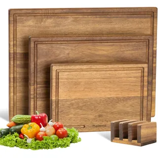 Muso Wood Schneidebrett-Set Akazie Holz 3-teilig mit Ständer (40x30 / 33x24 / 25x18cm) - 2cm Dicke, Saftrille, Messerschonend - Ideales Einweihungsgeschenk