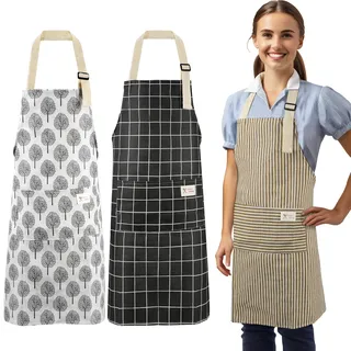 Cheerhom 3 Schürze, Kochschürze mit 2 Taschen, Schürzen Set aus Baumwolle Leinen, Schmutzabweisend&Langlebig, Kochschürze Herren Damen zum Kochen, Grillen, Malen, Garten, Restaurant, Café