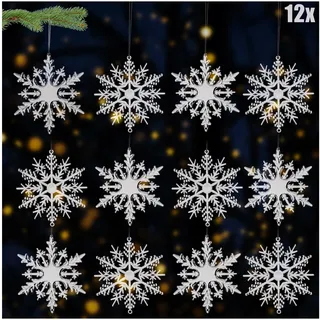 COM-FOUR com-four® 12x Deko Anhänger Schneeflocken - Transparente 10 cm Schneeflocken-Anhänger mit Aufhängeschnur - Vielfältige Weihnachtsbaumschmuck-Designs