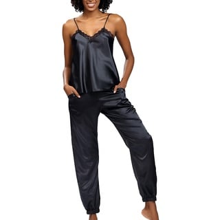 DKaren Satin Pyjama Damen Set Day XXL - Zweiteiler Nachtwäsche Damen - Damen Pyjama mit Trägerbluse und Langer Hose - Pjama Set mit Spitze am Ausschnitt - Satin Schlafanzug Schwarz