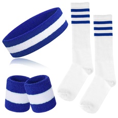 ONUPGO 5-teiliges gestreiftes Schweißband und Socken-Set, gestreiftes Stirnband, Schweißbänder, gestreifte hohe Socken für Männer, Frauen, Sport und 80er-Party (Blue/White/Blue)