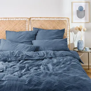 Blumtal Musselin Bettwäsche 135x200 cm - Bettbezug 135 x 200 + Kissenbezug 40x80 Dunkelblau - Dunkelblau