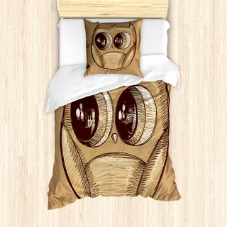 ABAKUHAUS Gekritzel Bettbezug Set für Einzelbetten, Süße Eule Große Augen, Milbensicher Allergiker geeignet mit Kissenbezug, Hellbraun Kamel und Dunkler Kakao - Hellbraun
