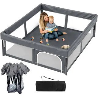Laufstall Baby mit Matratze, Indoor & Outdoor Laufgitter Baby, Laufstall Baby Faltbar, Laufstall mit 50 Ozeanbällen (Grau, Standardgröße)
